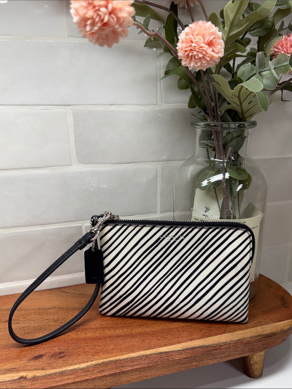 Coach Black & White Striped Wristlet w/Black Coach Hang Tag